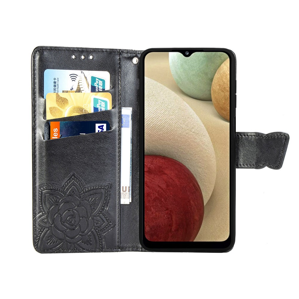 Imprint Big Butterfly Leather Wallet Phone Cover for Samsung Galaxy A12 - Black-3