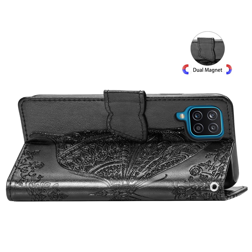 Imprint Big Butterfly Leather Wallet Phone Cover for Samsung Galaxy A12 - Black-5