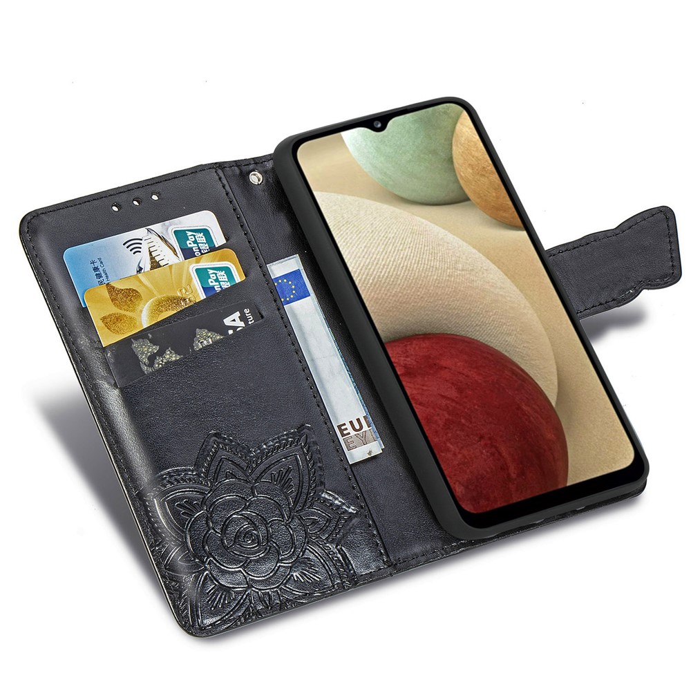 Imprint Big Butterfly Leather Wallet Phone Cover for Samsung Galaxy A12 - Black-6