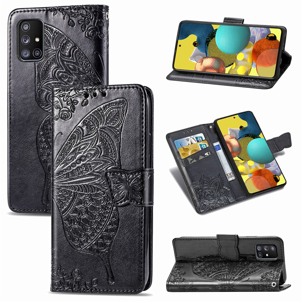 Imprint Big Butterfly Leather Wallet Phone Case for Samsung Galaxy A51 5G SM-A516 - Black-1