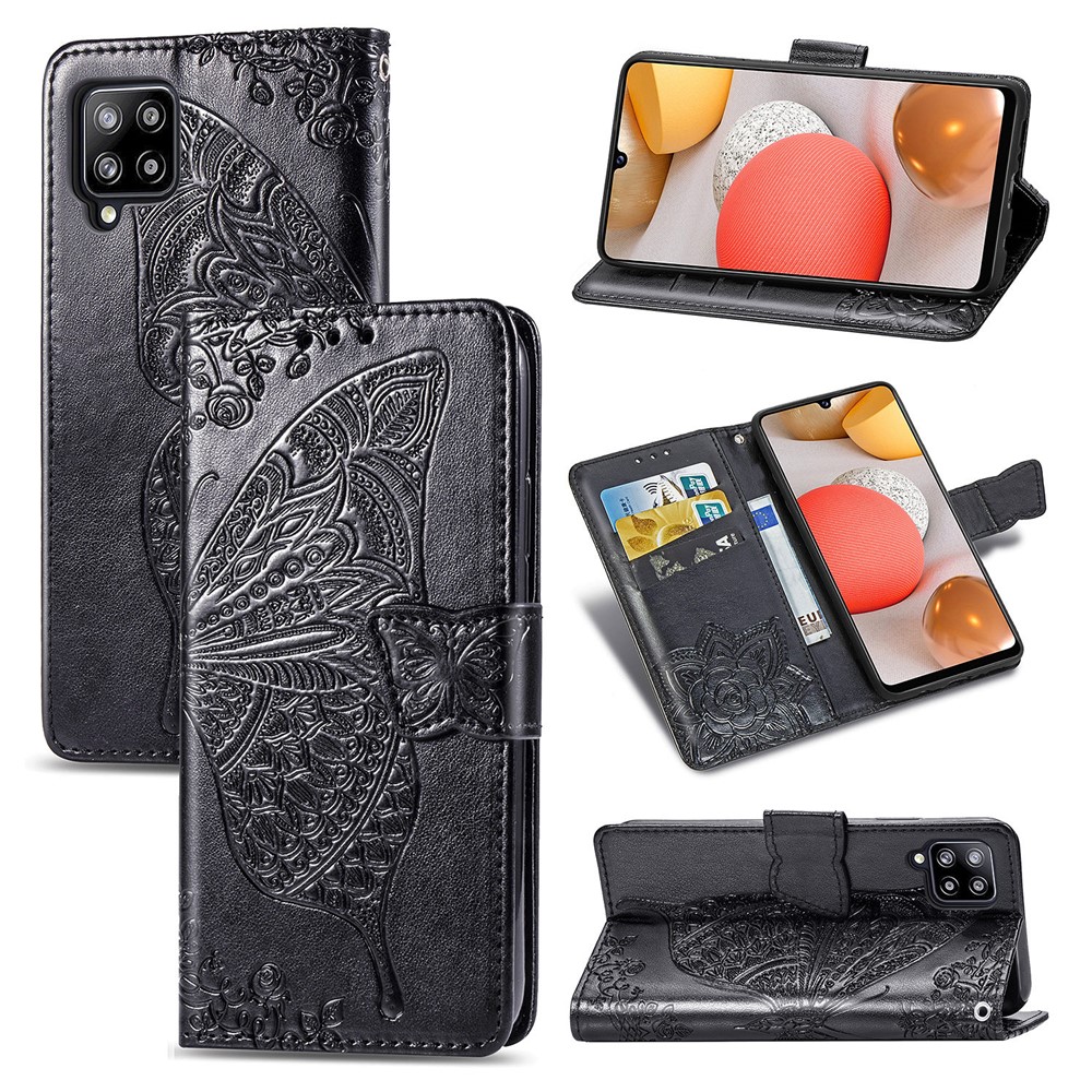 Imprint Big Butterfly Leather Wallet Phone Shell for Samsung Galaxy A42 5G - Black-1