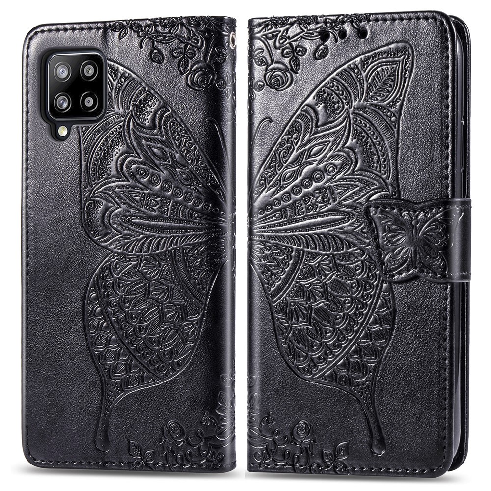 Imprint Big Butterfly Leather Wallet Phone Shell for Samsung Galaxy A42 5G - Black-2