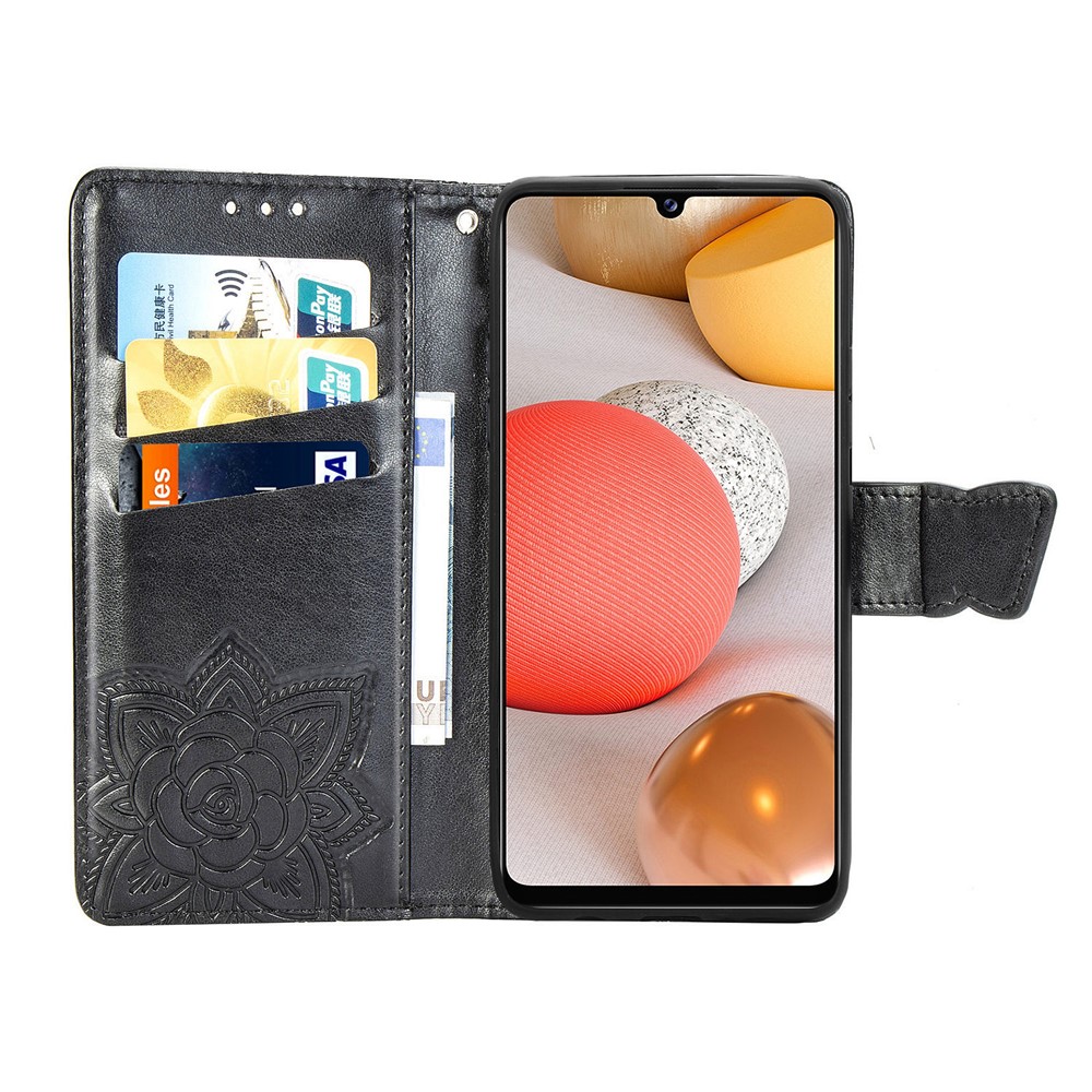 Imprint Big Butterfly Leather Wallet Phone Shell for Samsung Galaxy A42 5G - Black-5