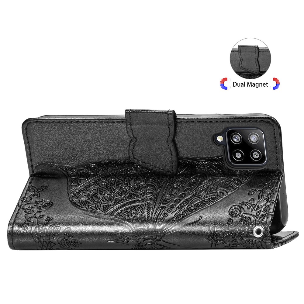 Imprint Big Butterfly Leather Wallet Phone Shell for Samsung Galaxy A42 5G - Black-7