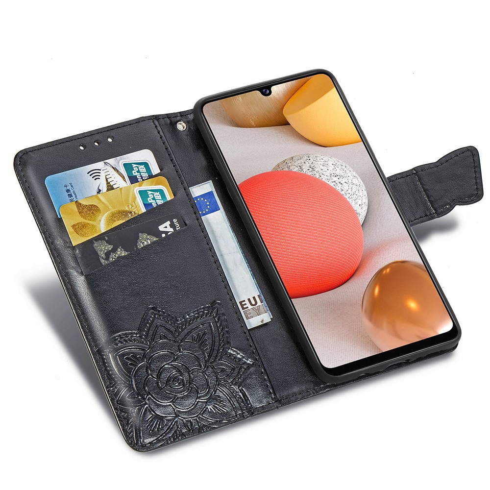 Imprint Big Butterfly Leather Wallet Phone Shell for Samsung Galaxy A42 5G - Black-8