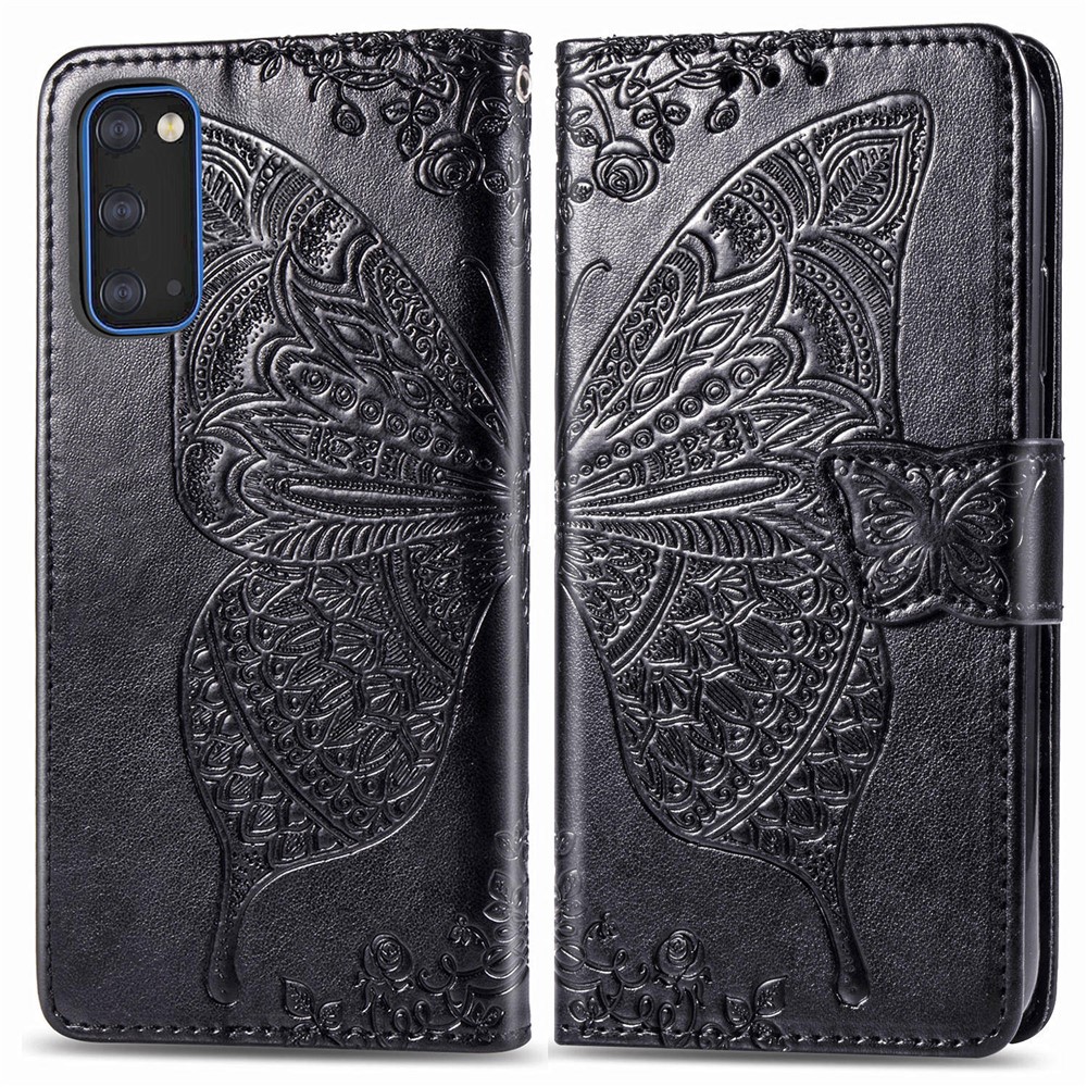 Imprint Big Butterfly Leather Wallet Phone Shell for Samsung Galaxy S20 - Black-3
