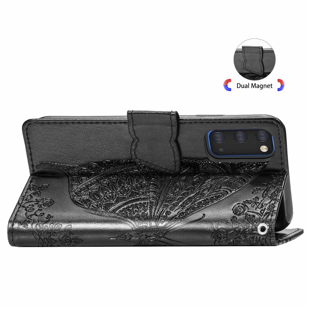 Imprint Big Butterfly Leather Wallet Phone Shell for Samsung Galaxy S20 - Black-6
