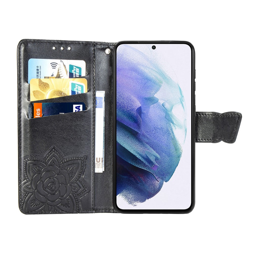 Imprint Big Butterfly Leather Wallet Phone Shell for Samsung Galaxy S21 5G - Black-5