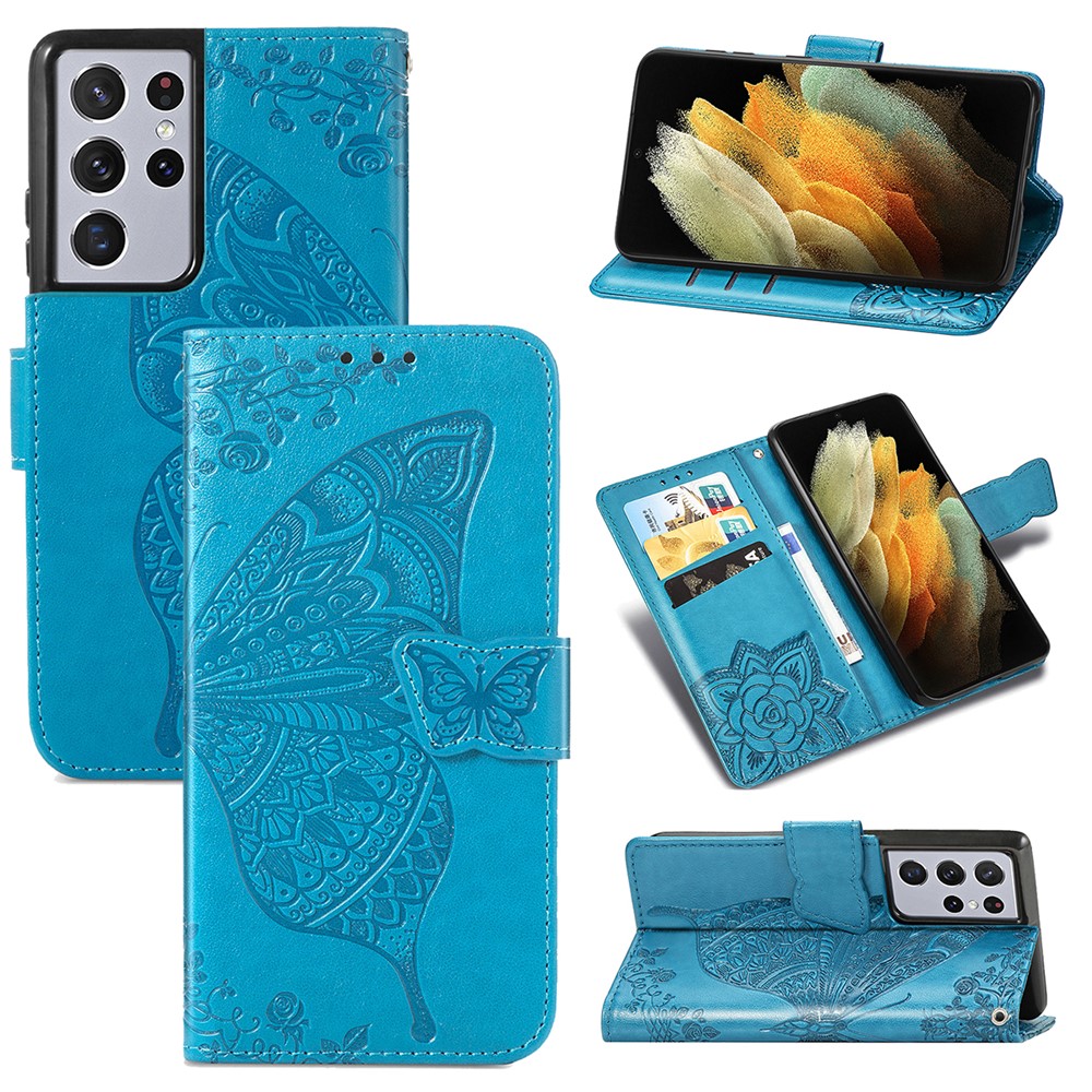 Impronta Big Butterfly Pelle Portafoglio Phone Shell Per Samsung Galaxy S21 Ultra 5G - Blu