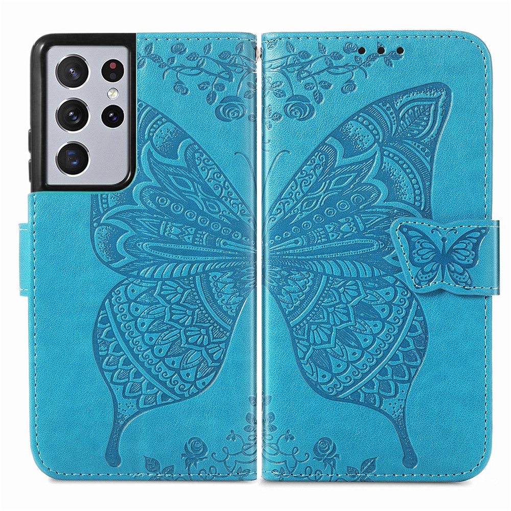 Impronta Big Butterfly Pelle Portafoglio Phone Shell Per Samsung Galaxy S21 Ultra 5G - Blu