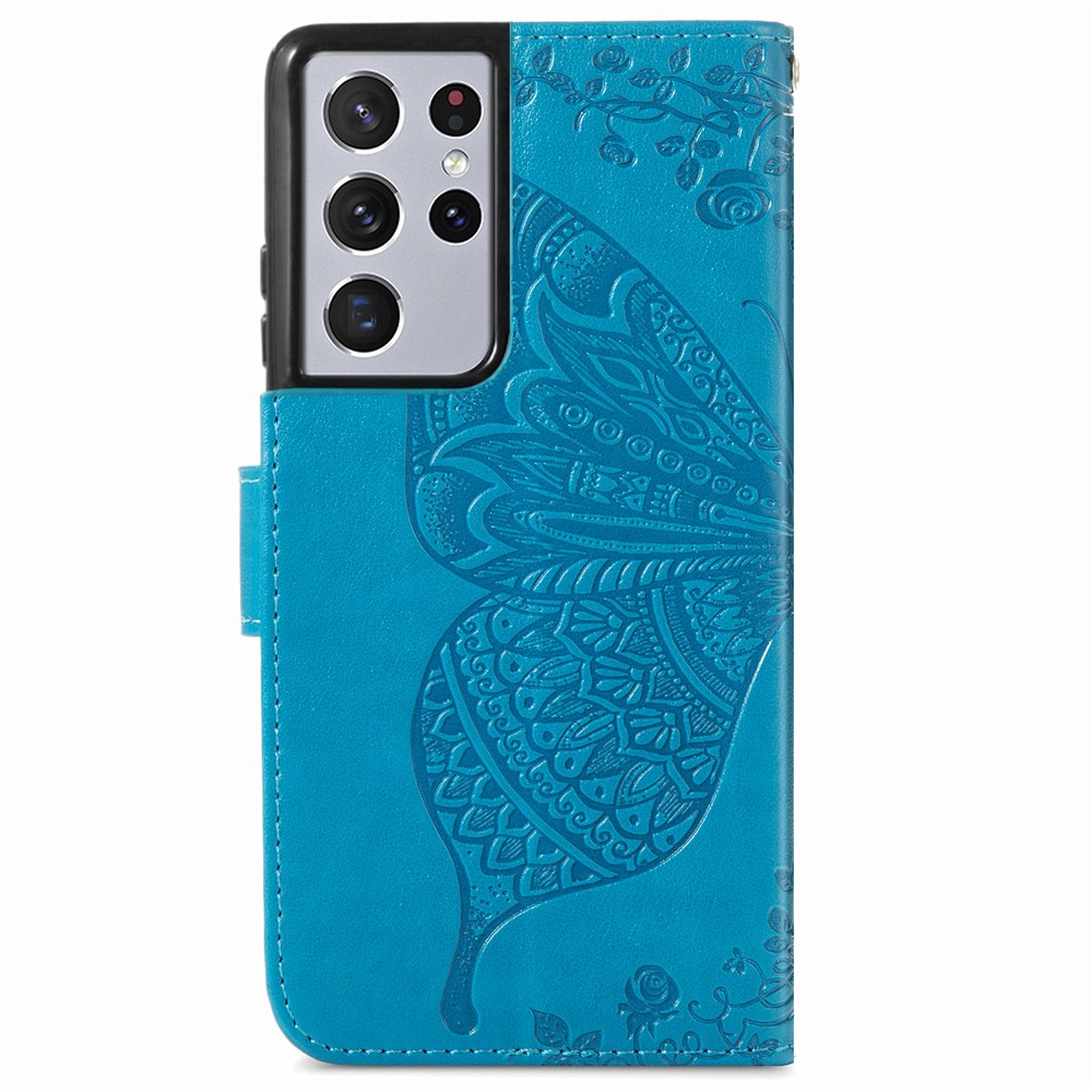 Impronta Big Butterfly Pelle Portafoglio Phone Shell Per Samsung Galaxy S21 Ultra 5G - Blu