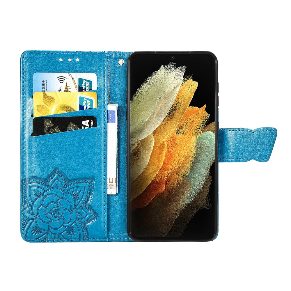 Impronta Big Butterfly Pelle Portafoglio Phone Shell Per Samsung Galaxy S21 Ultra 5G - Blu