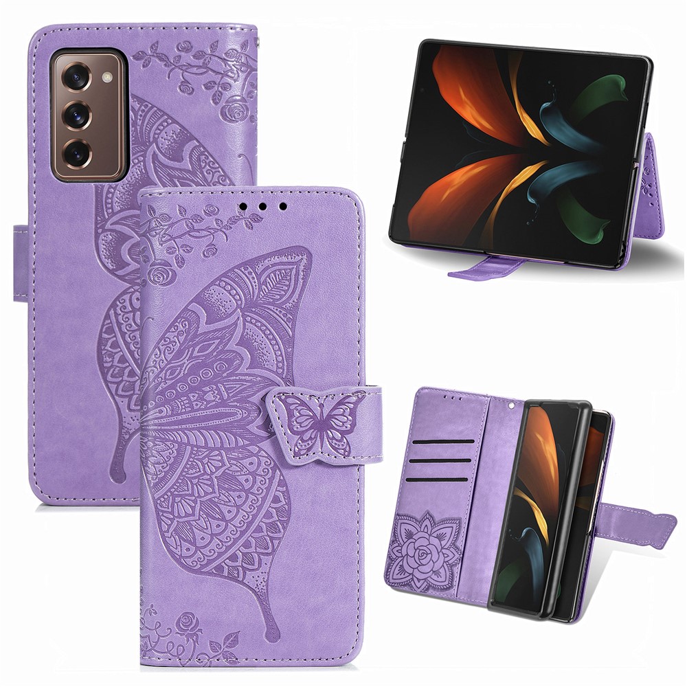 Imprint Big Butterfly Leather Wallet Phone Case for Samsung Galaxy Z Fold2 5G - Light Purple-1