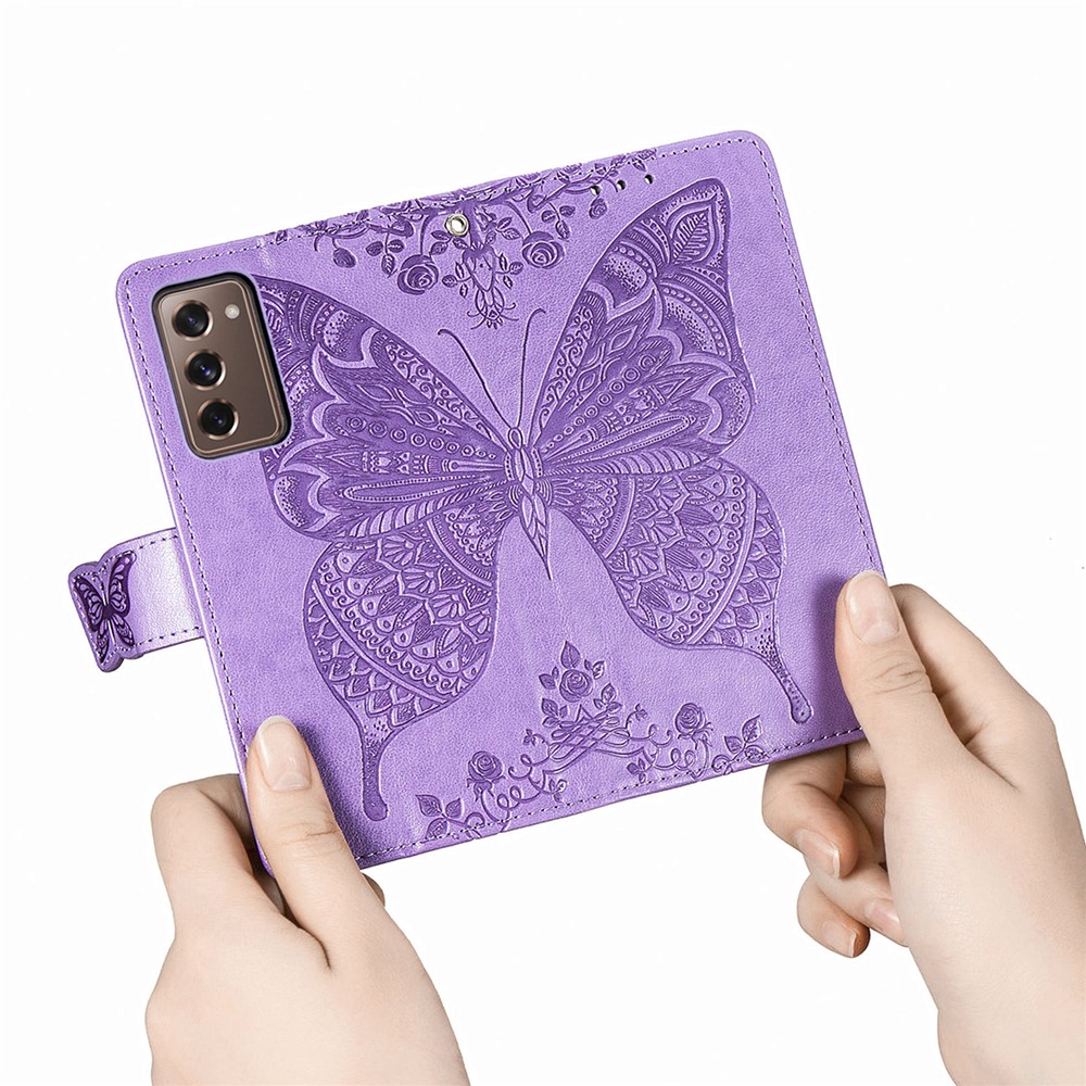 Imprint Big Butterfly Leather Wallet Phone Case for Samsung Galaxy Z Fold2 5G - Light Purple-12
