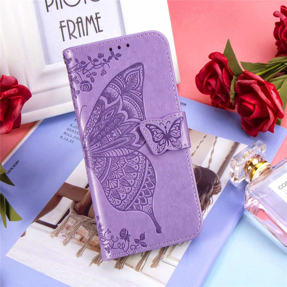 Imprint Big Butterfly Leather Wallet Phone Case for Samsung Galaxy Z Fold2 5G - Light Purple-17