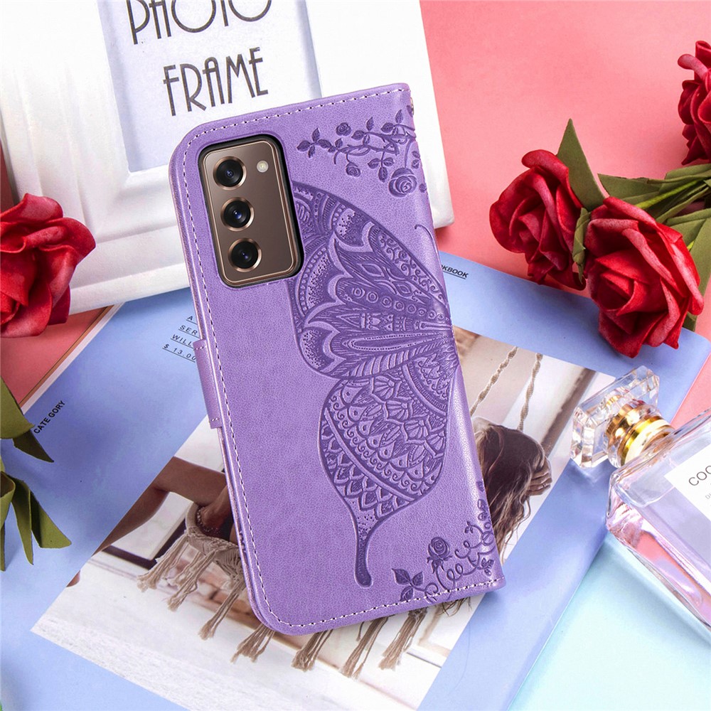 Imprint Big Butterfly Leather Wallet Phone Case for Samsung Galaxy Z Fold2 5G - Light Purple-18