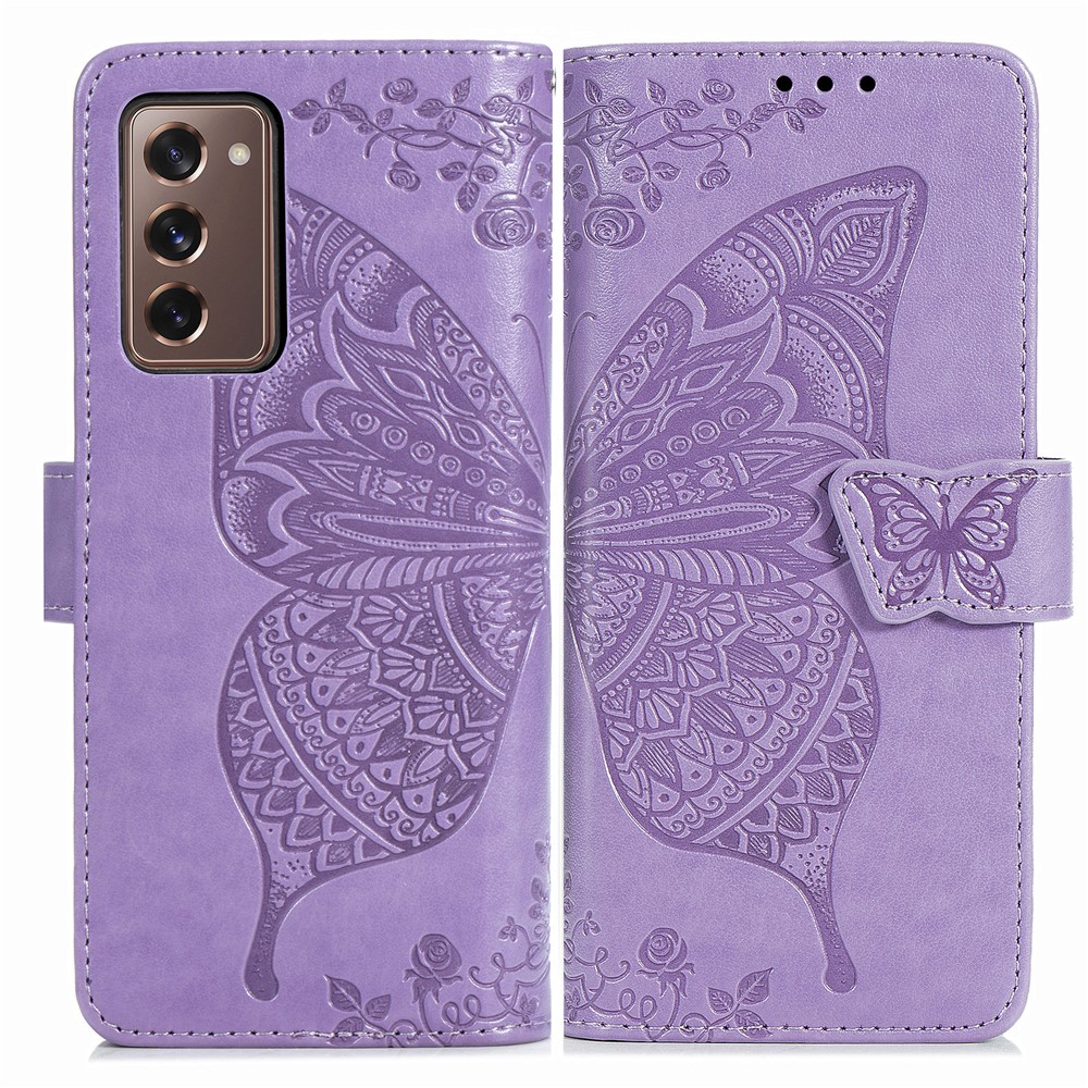 Imprint Big Butterfly Leather Wallet Phone Case for Samsung Galaxy Z Fold2 5G - Light Purple-2