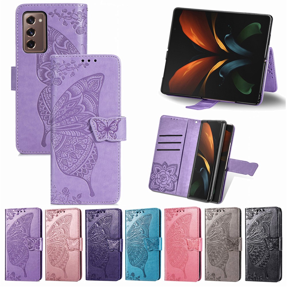 Imprint Big Butterfly Leather Wallet Phone Case for Samsung Galaxy Z Fold2 5G - Light Purple-19