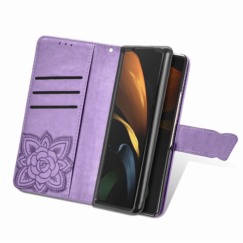 Imprint Big Butterfly Leather Wallet Phone Case for Samsung Galaxy Z Fold2 5G - Light Purple-9