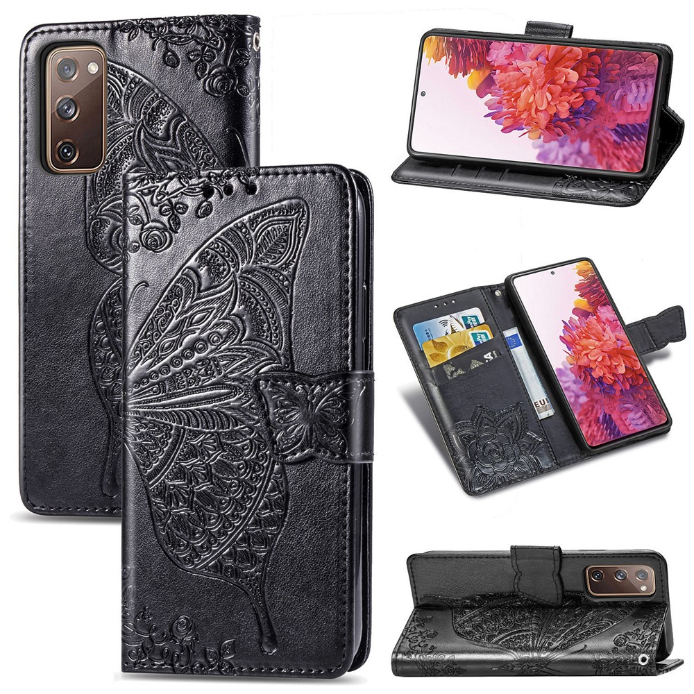 Imprint Big Butterfly Leather Wallet Phone Shell for Samsung Galaxy S20 FE/S20 Fan Edition/S20 FE 5G/S20 Fan Edition 5G - Black-1
