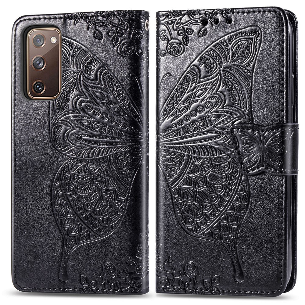 Pie De Imprenta Big Butterfly Cuero Wallet Shell Para Samsung Galaxy S20 Fe / S20 Fan Edition / S20 Fe 5G / S20 Edición De Ventilador 5G - Negro