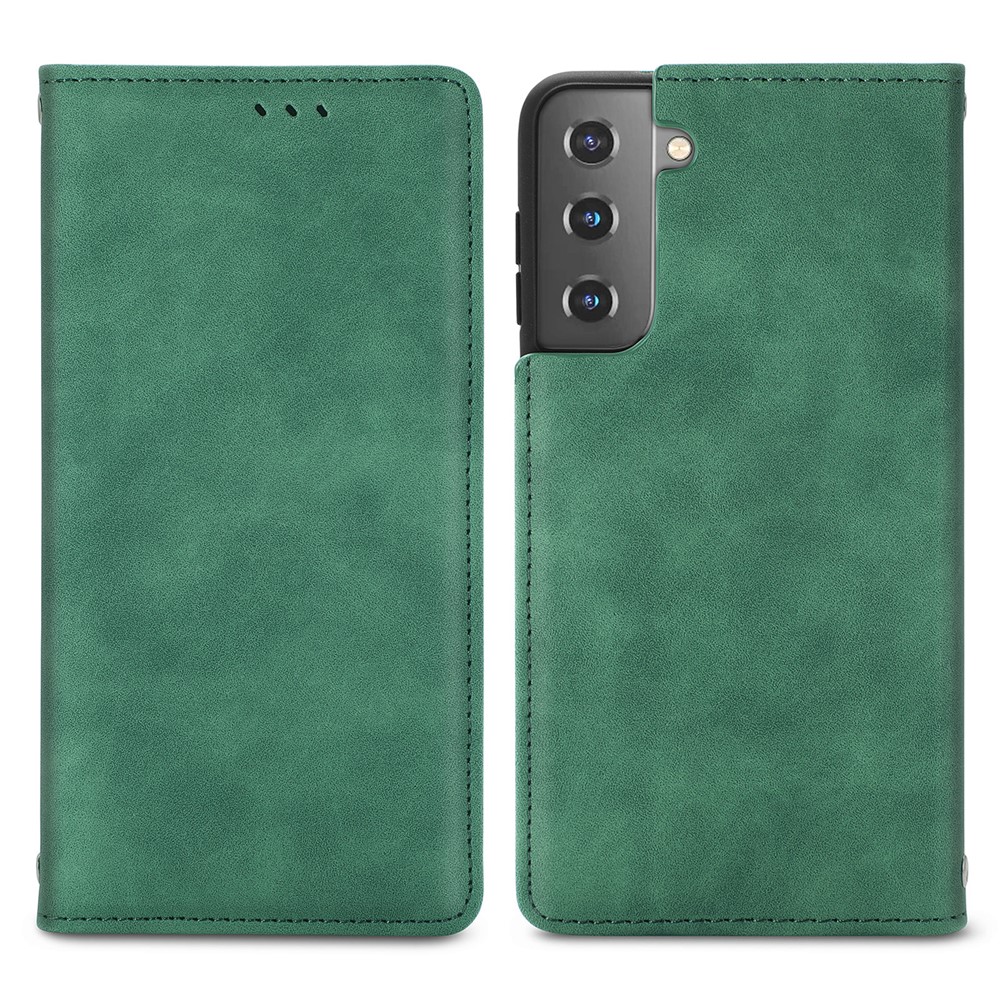 Carcasa de Teléfono de Cuero PU Vintage Absorbido Automáticamente Para Samsung Galaxy S21 4G/5G - Verde