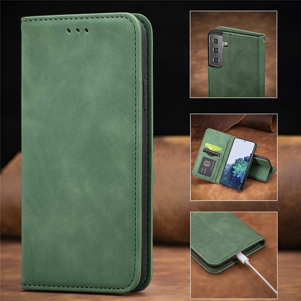 Auto-absorbed Vintage PU Leather Phone Cover for Samsung Galaxy S21+ 5G - Green-14