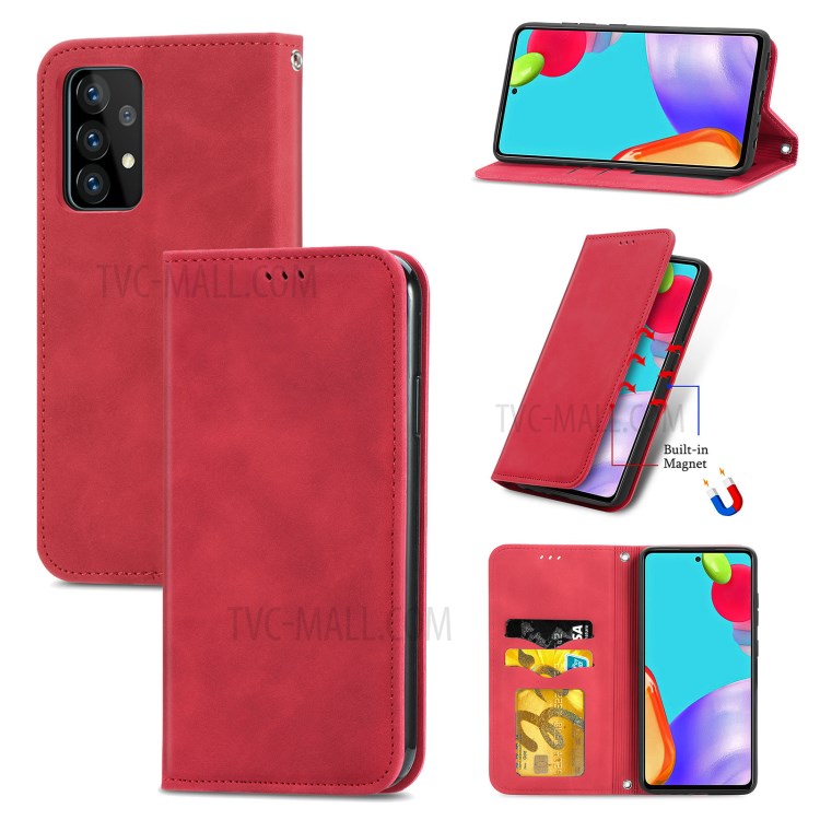 Auto-absorbed Vintage PU Leather Phone Casing for Samsung Galaxy A72 5G - Red-1