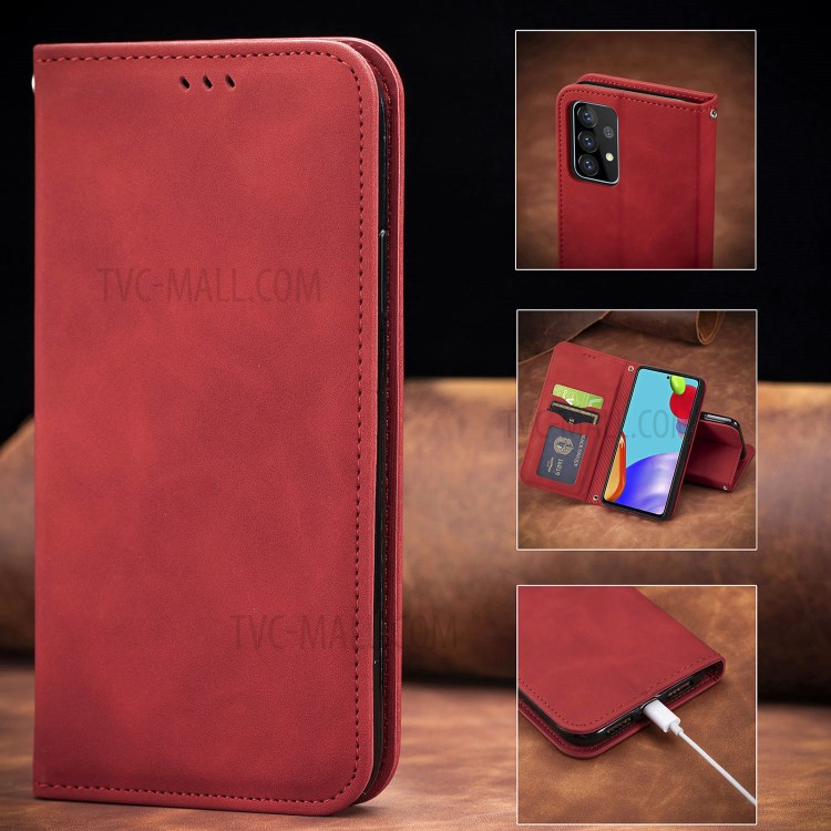 Auto-absorbed Vintage PU Leather Phone Casing for Samsung Galaxy A72 5G - Red-14
