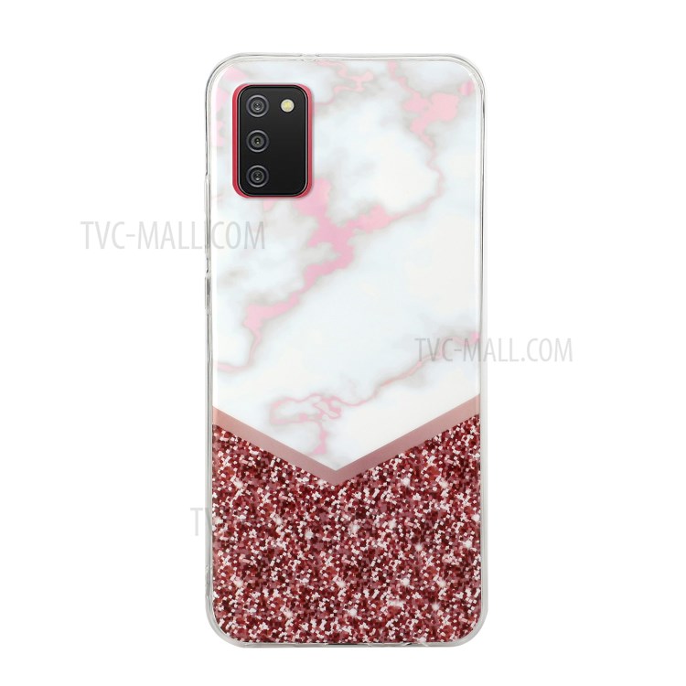 IMD Marble Pattern Printing Anti-Scratch Flexible TPU Soft Back Cover for Samsung Galaxy A02s (EU Version) - Rose Glitter Sequins Splicing-1