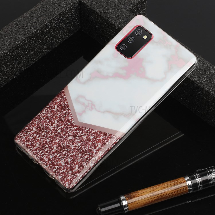 IMD Marble Pattern Printing Anti-Scratch Flexible TPU Soft Back Cover for Samsung Galaxy A02s (EU Version) - Rose Glitter Sequins Splicing-5
