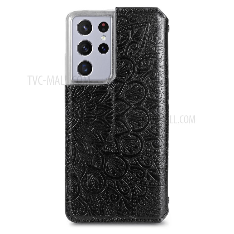 Imprinted Mandala Flower Pattern Auto-absorbed PU Leather Case Stand Wallet for Samsung Galaxy S21 Ultra 5G - Black-3