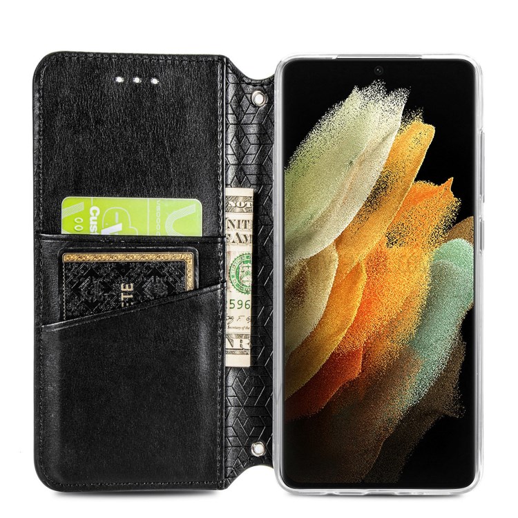 Imprinted Mandala Flower Pattern Auto-absorbed PU Leather Case Stand Wallet for Samsung Galaxy S21 Ultra 5G - Black-4