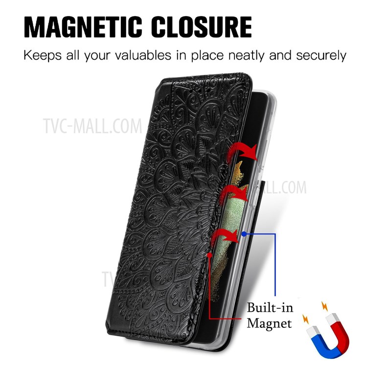 Imprinted Mandala Flower Pattern Auto-absorbed PU Leather Case Stand Wallet for Samsung Galaxy S21 Ultra 5G - Black-7