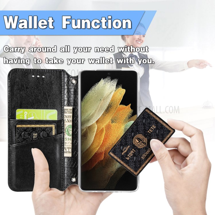 Imprinted Mandala Flower Pattern Auto-absorbed PU Leather Case Stand Wallet for Samsung Galaxy S21 Ultra 5G - Black-8