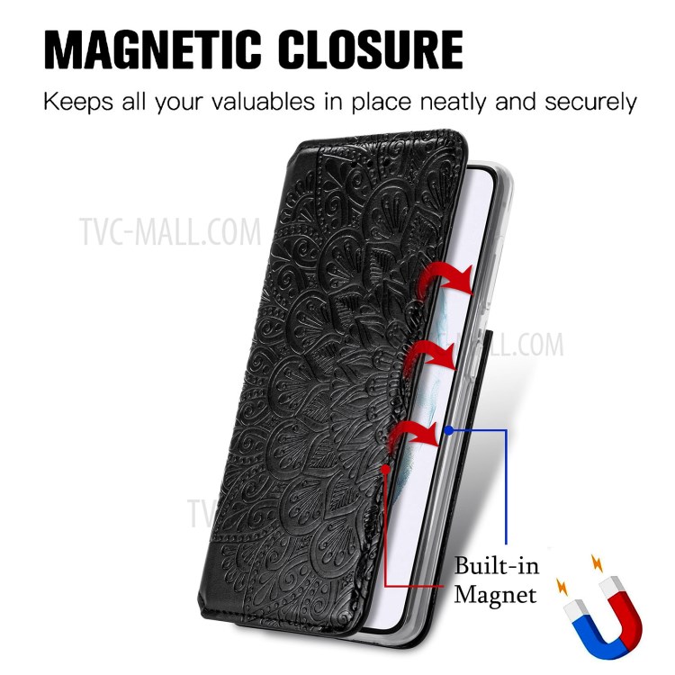 Imprinted Mandala Flower Pattern Auto-absorbed PU Leather Case Stand Wallet for Samsung Galaxy S21+ 5G - Black-7