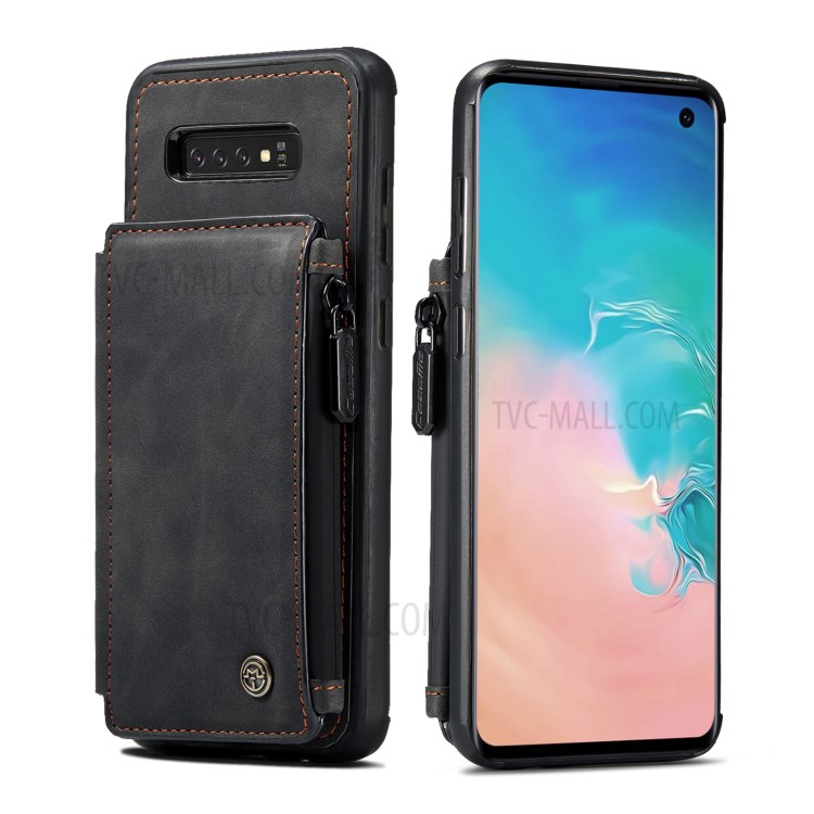 CASEME C20 Zipper Pocket Wallet Design PU Leather Coated TPU Phone Stand Case for Samsung Galaxy S10 - Black-1