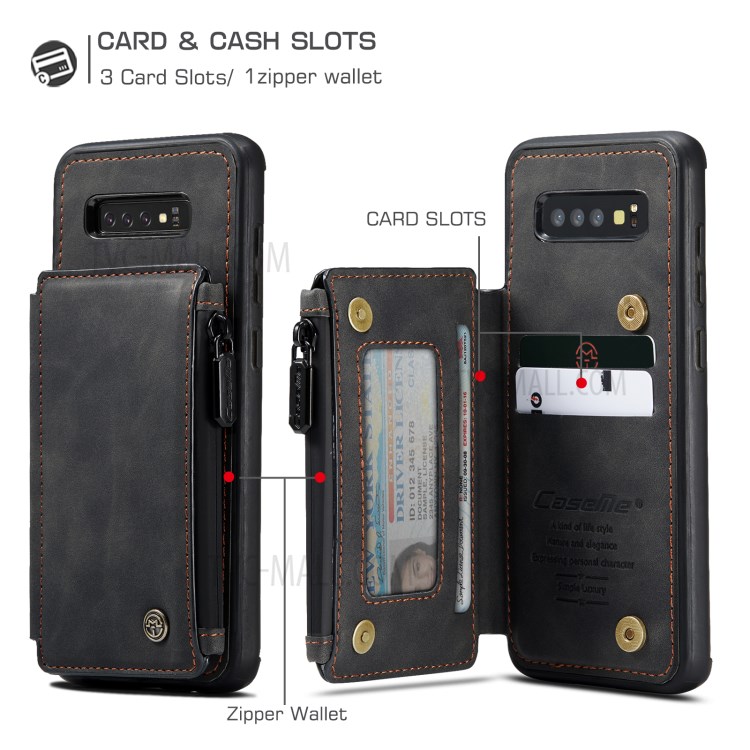 CASEME C20 Zipper Pocket Wallet Design PU Leather Coated TPU Phone Stand Case for Samsung Galaxy S10 - Black-7