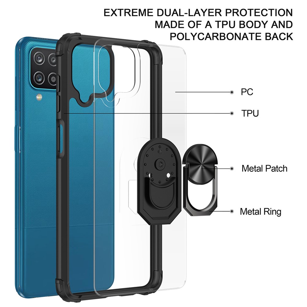 Hybrid Cell Phone Case with Ring Holder Kickstand for Samsung Galaxy A12 - Red / Black-3