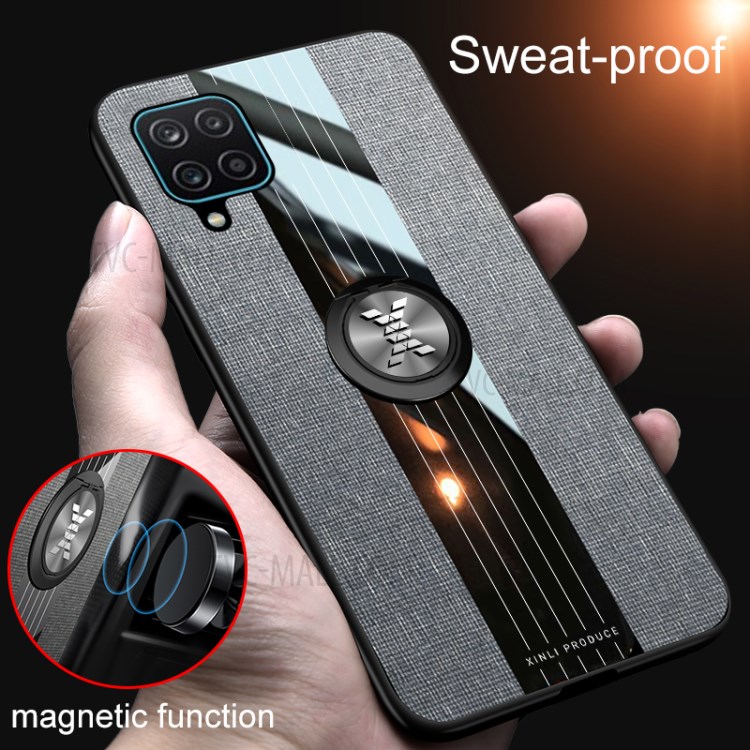 Cloth + Acrylic Splicing Phone Cover Shell with Kickstand for Samsung Galaxy A12 - Grey-4