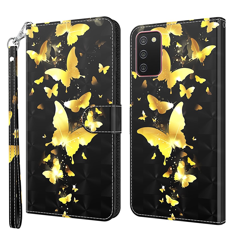 Pattern Printing Wallet Stand PU Leather Phone Cover Shell for Samsung Galaxy A02s (164.2x75.9x9.1mm) - Gold Butterfly-1