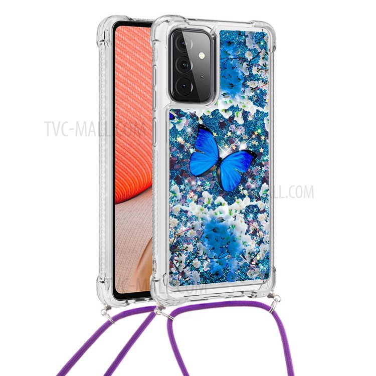 Pattern Printed Quicksand Glitter Sequins TPU Phone Case Cover with Strap for Samsung Galaxy A72 5G/4G - Blue Butterfly-1