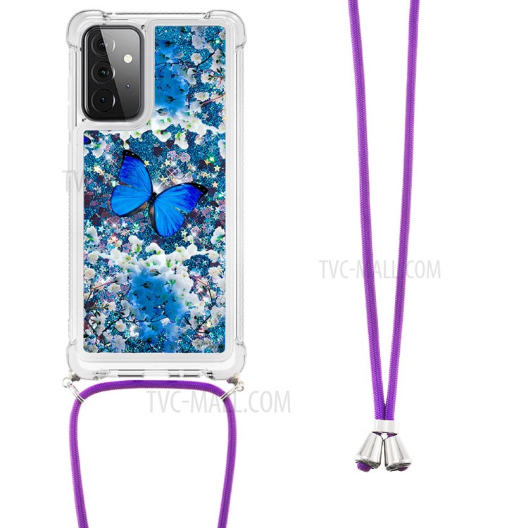 Pattern Printed Quicksand Glitter Sequins TPU Phone Case Cover with Strap for Samsung Galaxy A72 5G/4G - Blue Butterfly-2