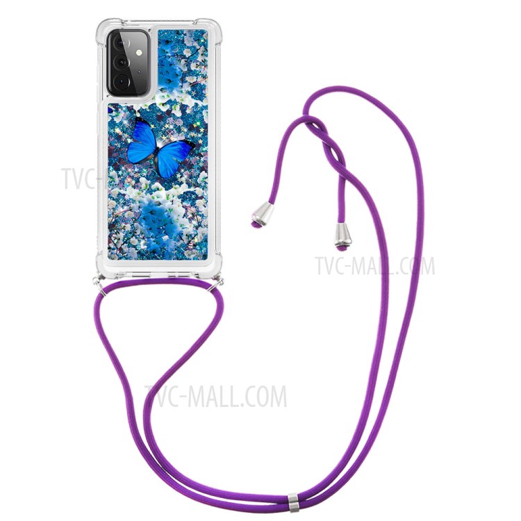 Pattern Printed Quicksand Glitter Sequins TPU Phone Case Cover with Strap for Samsung Galaxy A72 5G/4G - Blue Butterfly-3