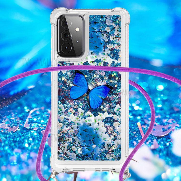 Pattern Printed Quicksand Glitter Sequins TPU Phone Case Cover with Strap for Samsung Galaxy A72 5G/4G - Blue Butterfly-4