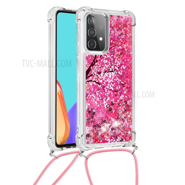 Pattern Printed Quicksand Glitter Sequins TPU Phone Case Cover with Strap for Samsung Galaxy A52 5G/4G - Flower-1