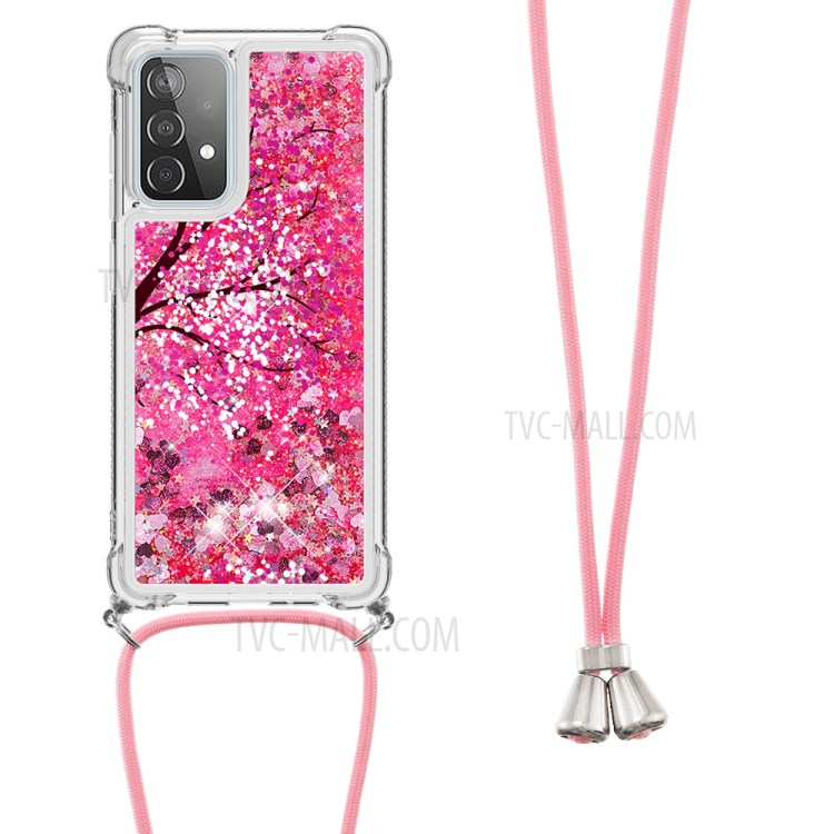 Pattern Printed Quicksand Glitter Sequins TPU Phone Case Cover with Strap for Samsung Galaxy A52 5G/4G - Flower-2