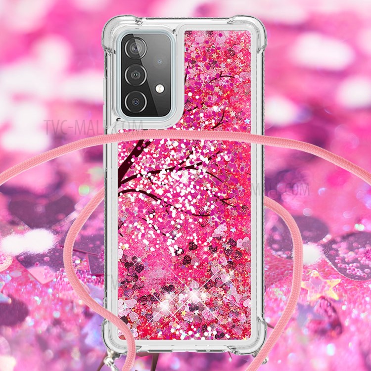 Pattern Printed Quicksand Glitter Sequins TPU Phone Case Cover with Strap for Samsung Galaxy A52 5G/4G - Flower-4