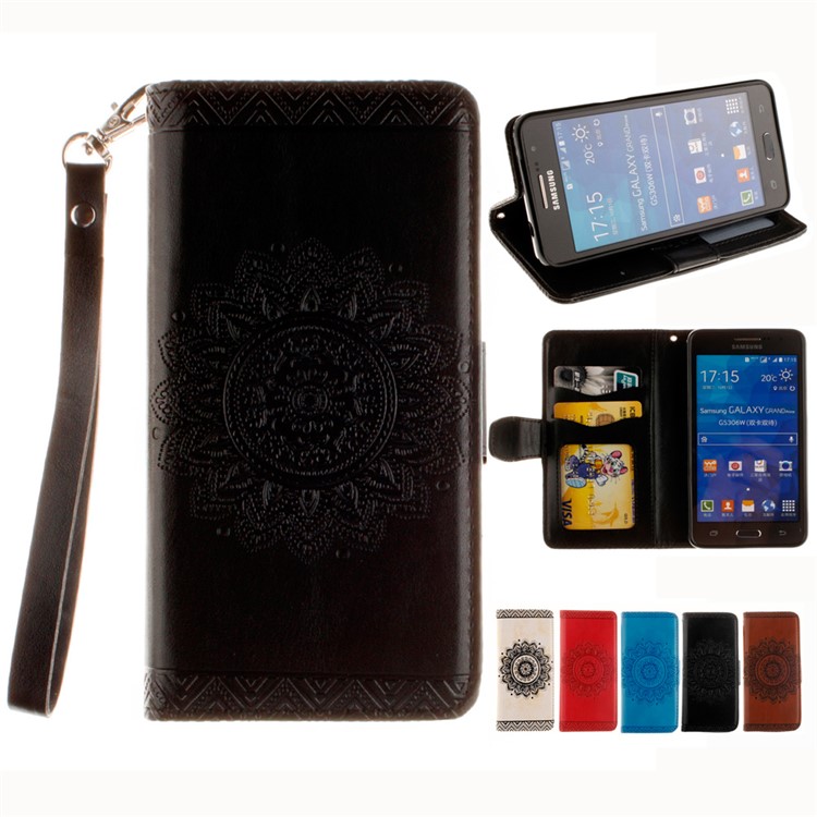 

Embossing Wallet Leather Shell for Samsung Galaxy Grand Prime SM-G530 with Wrist Strap - Black, Galaxy Grand Prime