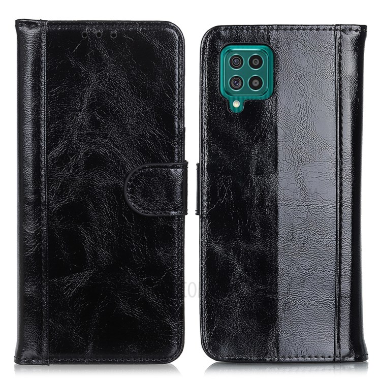 Dual Line Wallet Stand Crazy Horse Split Leather Phone Case Cover for Samsung Galaxy F62 / Samsung Galaxy M62 - Black-1